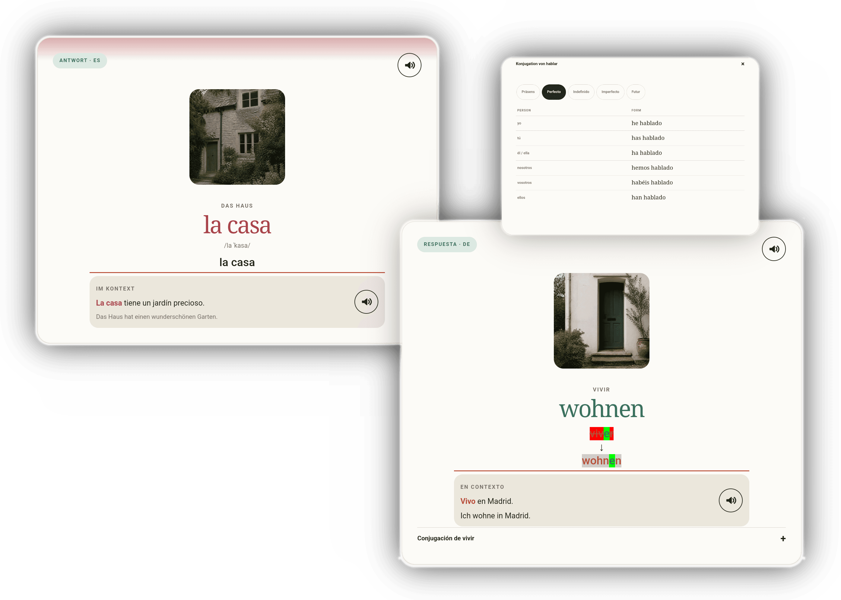 Card mockup with image, phonetics, type-and-correct feedback, and open conjugation table